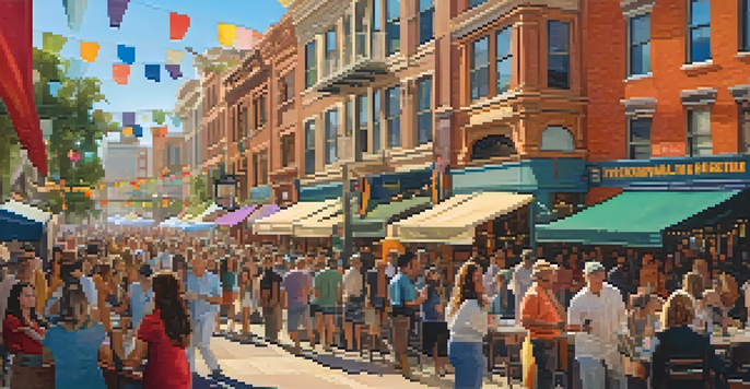 A community gathering in San Diego's Gaslamp Quarter with diverse residents participating in preservation activities, surrounded by historical buildings and street performances.