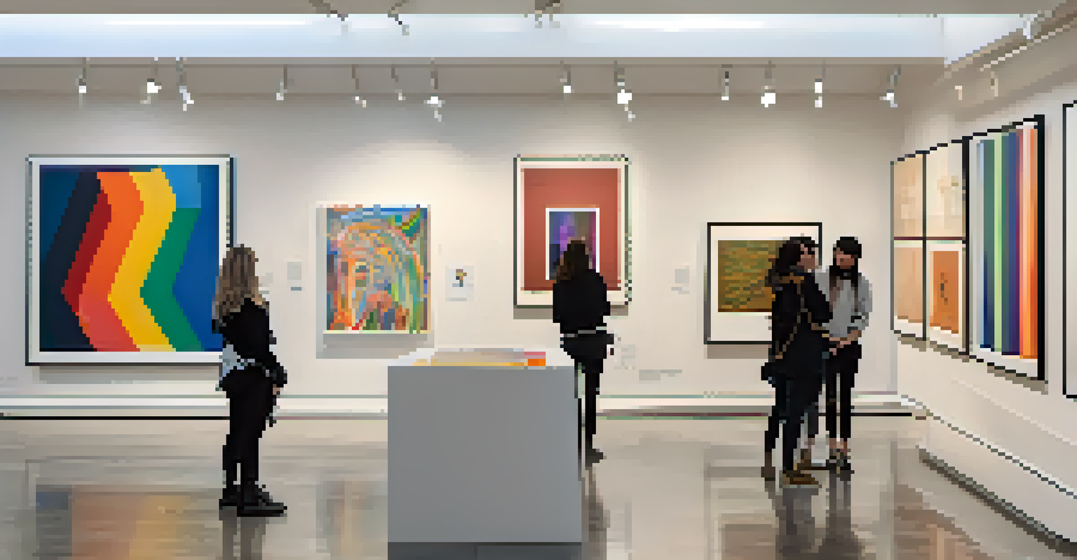 An art gallery featuring installations by LGBTQ+ artists, with visitors discussing the artwork and diverse color schemes.