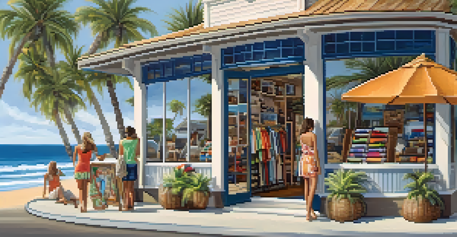 Beachside boutique with displays of beachwear, palm trees, and ocean waves in the background, creating a relaxed atmosphere.