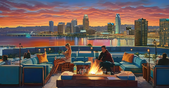 A panoramic view of the San Diego skyline at sunset from a rooftop bar, with cozy seating and fire pits.