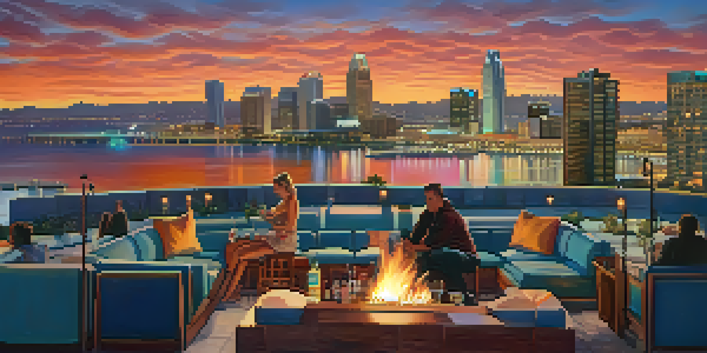 A panoramic view of the San Diego skyline at sunset from a rooftop bar, with cozy seating and fire pits.