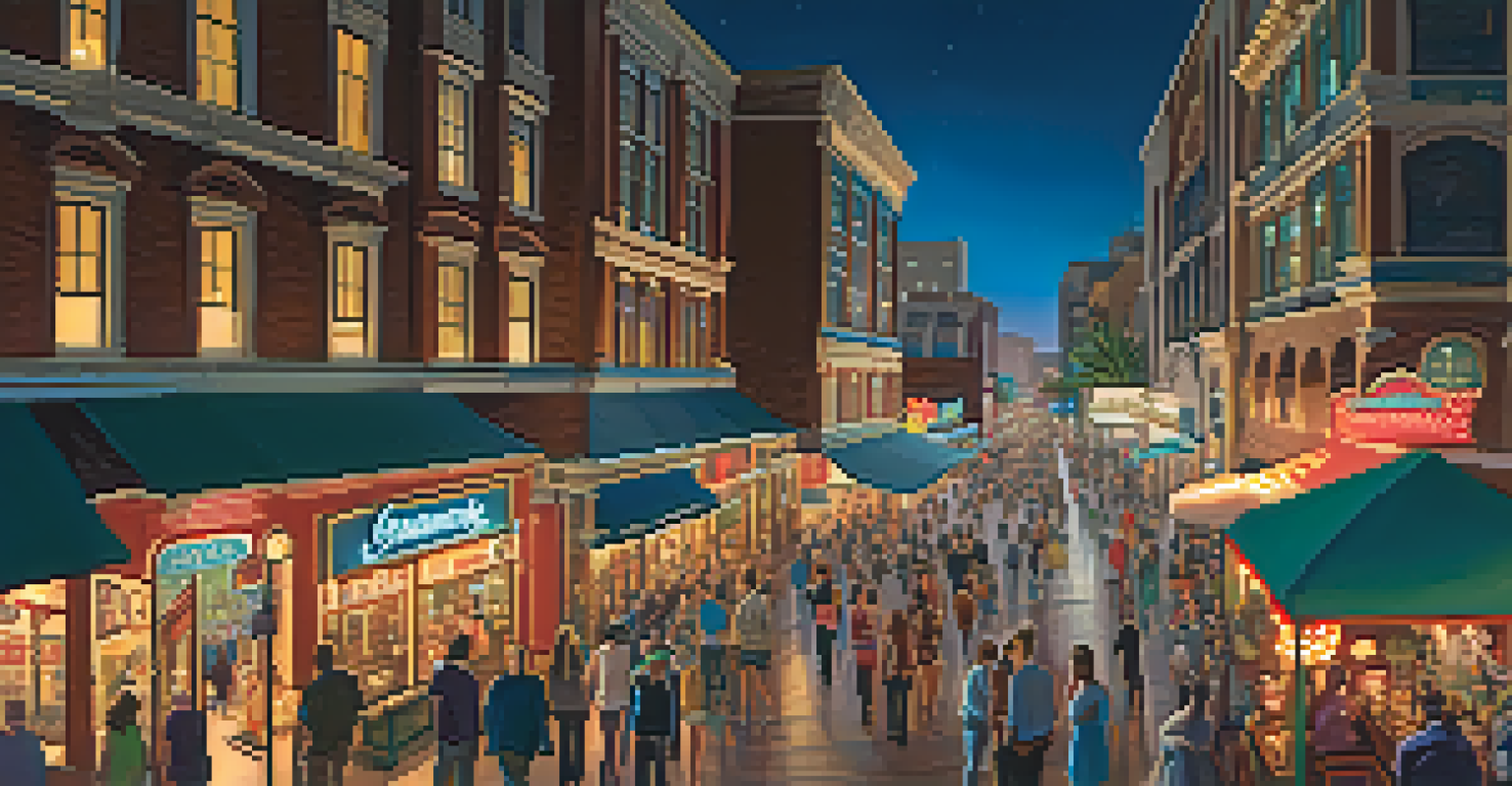 A night view of Gaslamp Quarter in San Diego, featuring illuminated streets and historic buildings.
