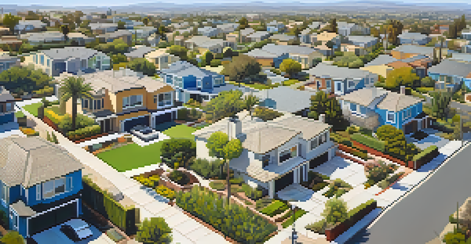 An aerial view of a San Diego neighborhood with modern homes, outdoor spaces, and lush landscaping under a blue sky.