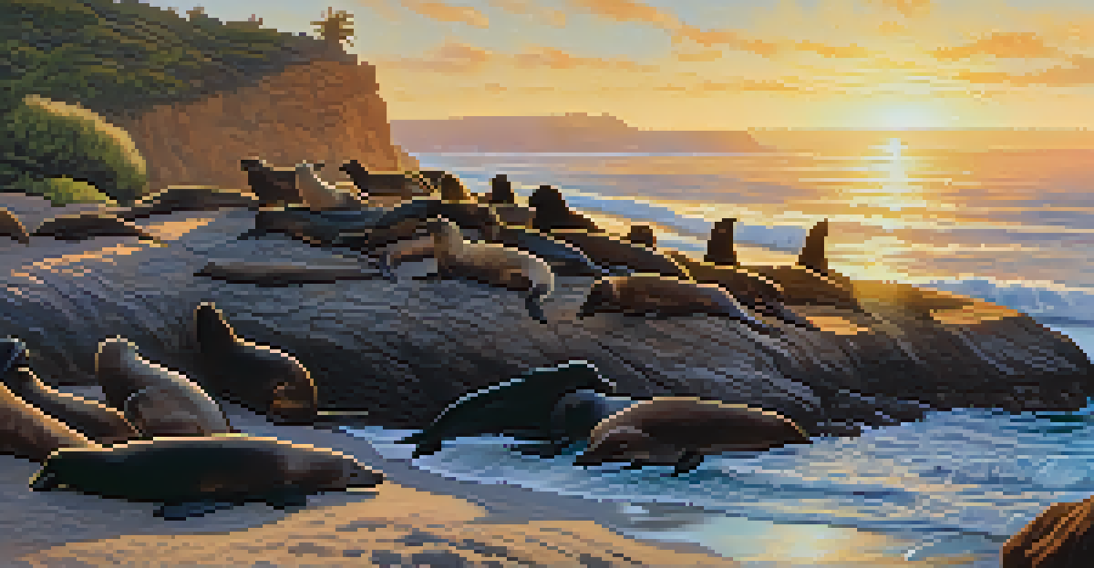 Sea lions basking on rocks at La Jolla Cove during a warm sunset, with dolphins in the background.