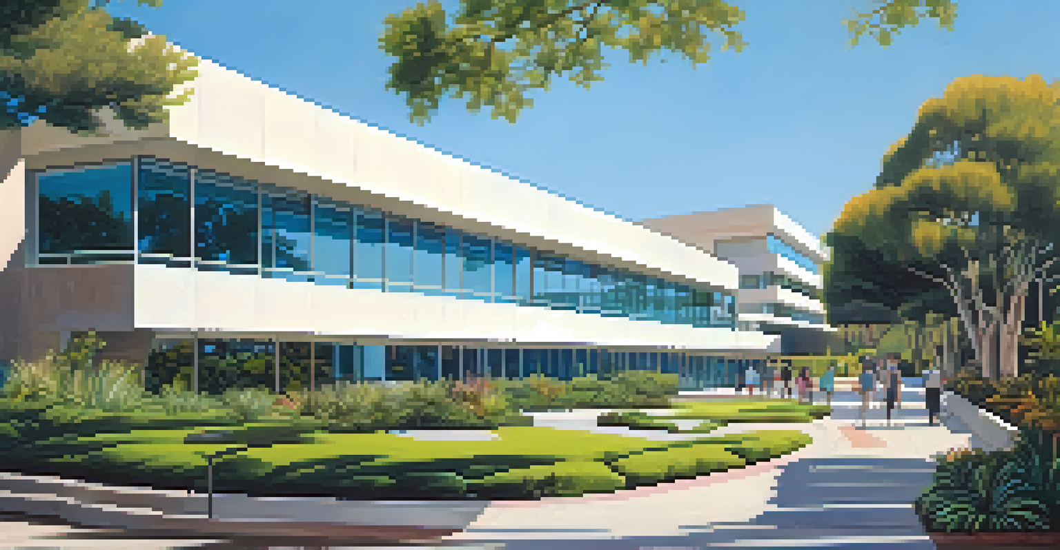 A modernist building in San Diego surrounded by greenery and people walking.