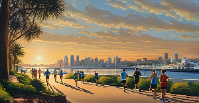 Runners jogging along a scenic waterfront pathway in San Diego with the bay and city skyline in the background during sunset.
