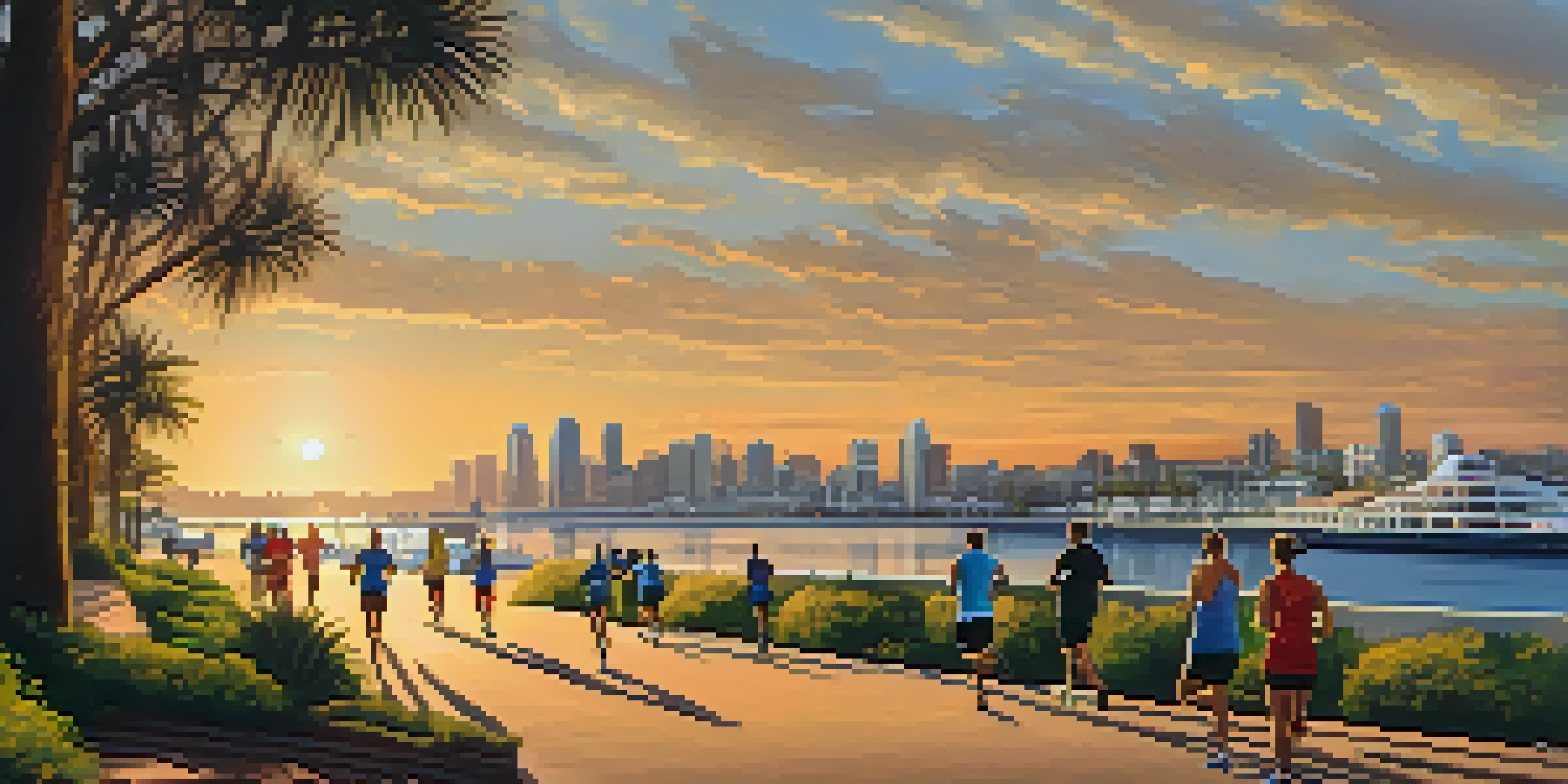 Runners jogging along a scenic waterfront pathway in San Diego with the bay and city skyline in the background during sunset.