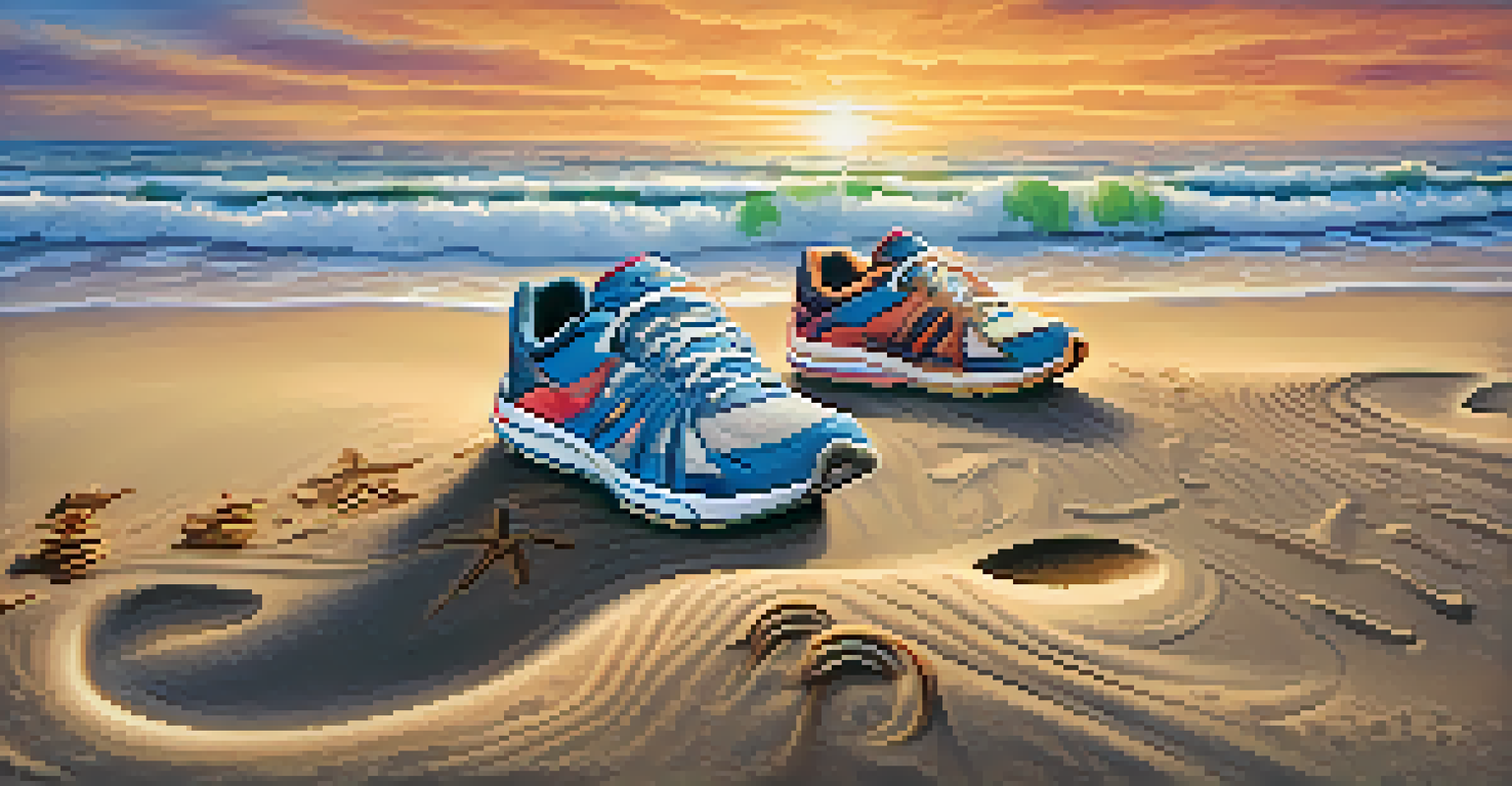 Close-up of colorful running shoes in the sand with footprints leading to the ocean, symbolizing an active beach lifestyle.