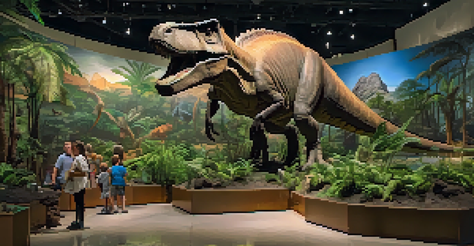 Life-sized dinosaur models in a natural history museum exhibit with visitors observing and learning.