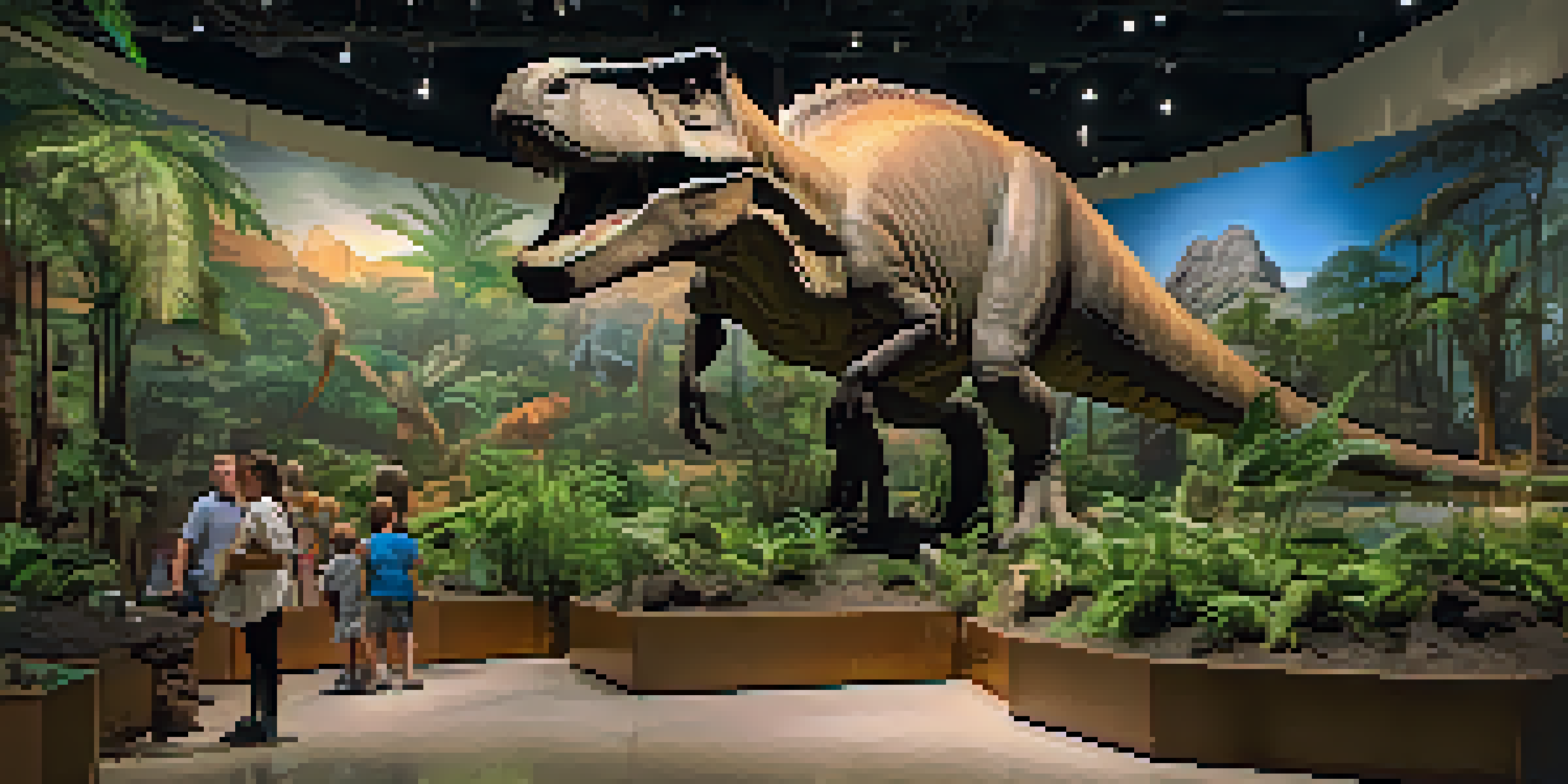 Life-sized dinosaur models in a natural history museum exhibit with visitors observing and learning.
