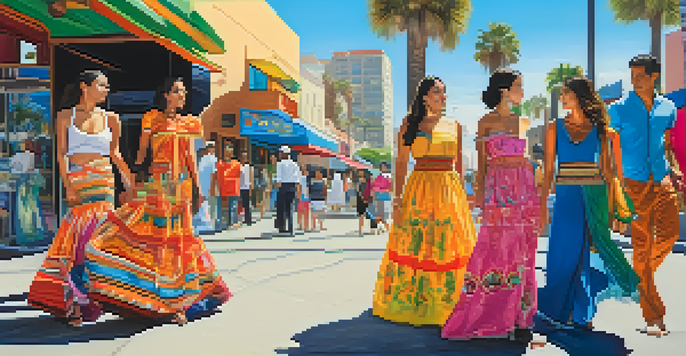 A diverse group of people in colorful traditional clothing stands in front of boutiques, with palm trees and murals in the background, representing San Diego's cultural fusion.