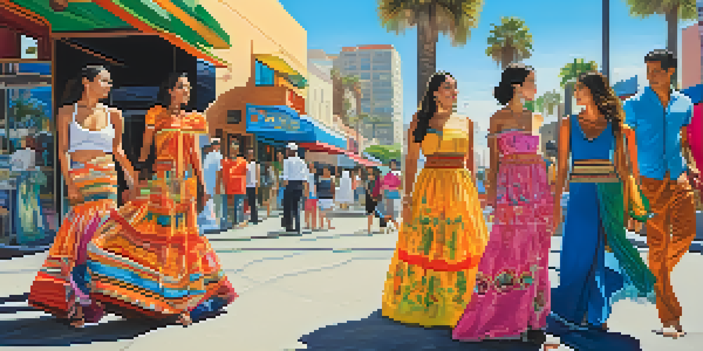 A diverse group of people in colorful traditional clothing stands in front of boutiques, with palm trees and murals in the background, representing San Diego's cultural fusion.