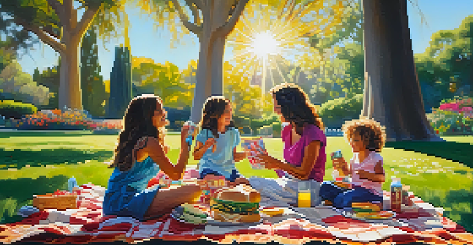 A family picnicking in a lush garden filled with colorful flowers and trees, with children playing around.