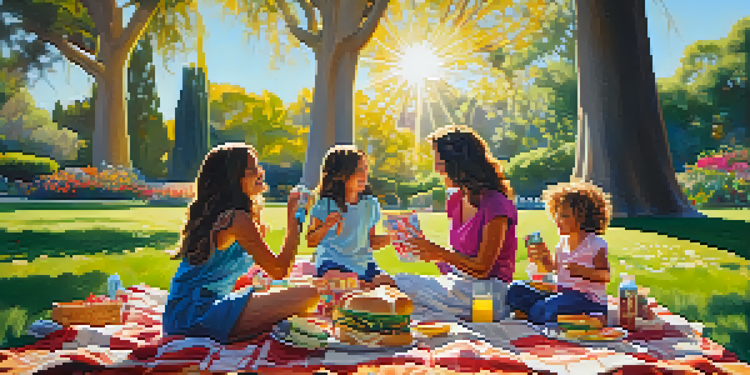 A family picnicking in a lush garden filled with colorful flowers and trees, with children playing around.