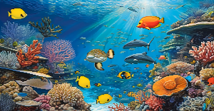 An underwater scene featuring a colorful coral reef filled with various fish and a sea turtle, illuminated by sunlight filtering through the water.