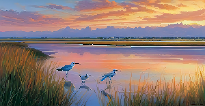 A scenic view of San Diego Bay National Wildlife Refuge with shorebirds and a sunset reflecting on the water.