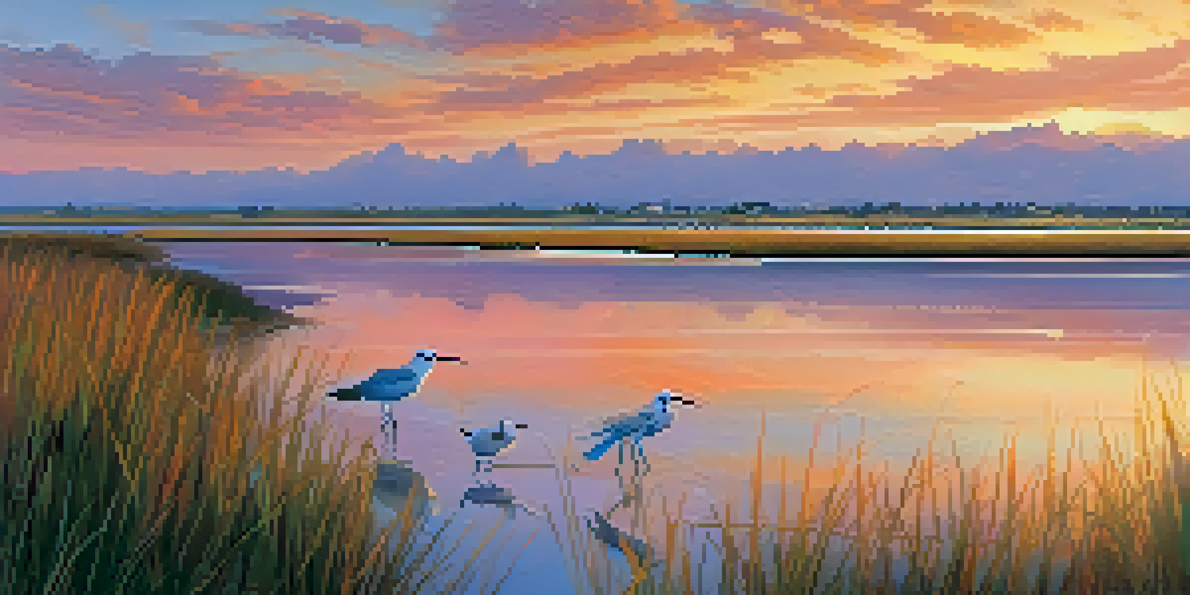 A scenic view of San Diego Bay National Wildlife Refuge with shorebirds and a sunset reflecting on the water.