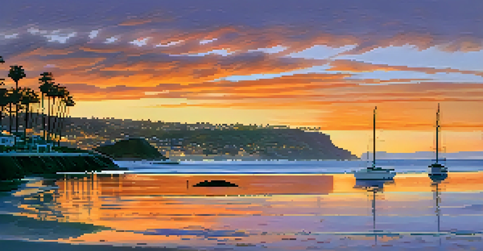 A beautiful sunset over San Diego's coastline with sailboats in the foreground and Fort Rosecrans in silhouette.