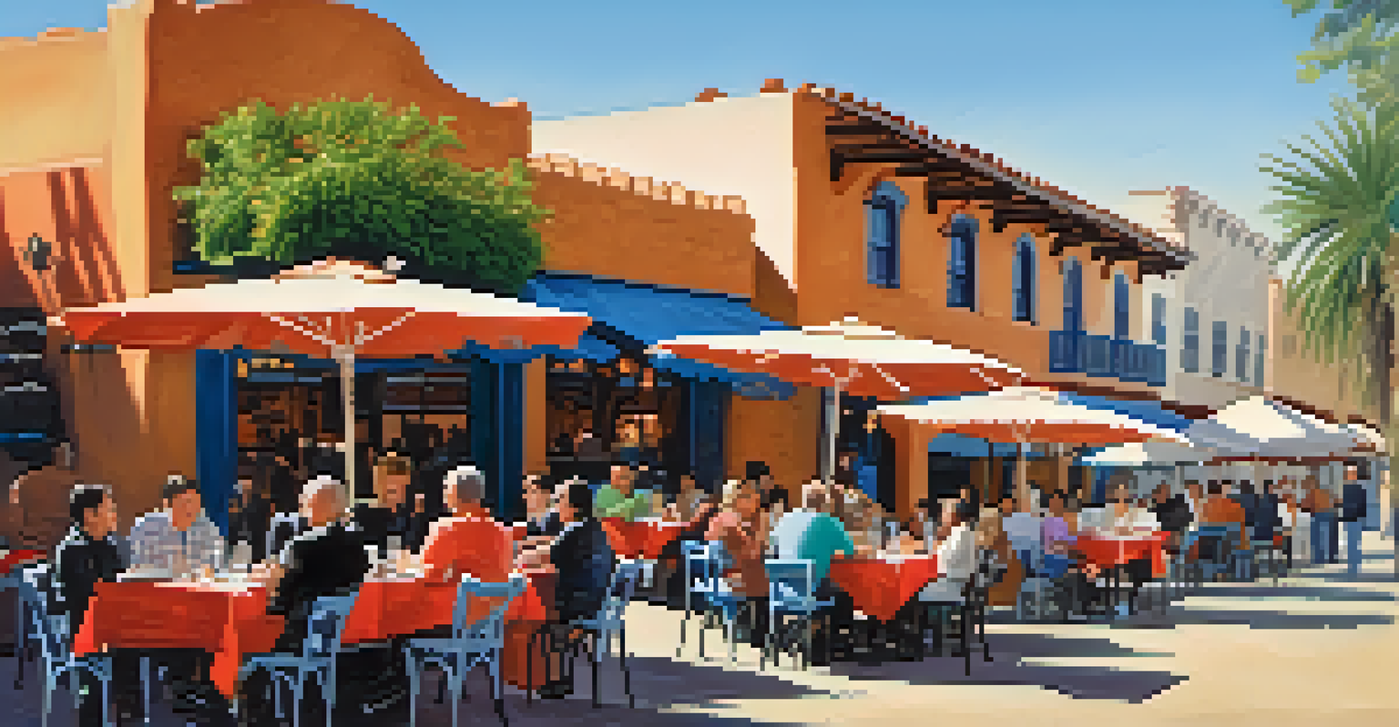 An outdoor dining area in Old Town San Diego with colorful tables and diners enjoying Mexican cuisine.