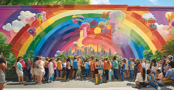 A colorful mural depicting LGBTQ+ pride, surrounded by greenery and sunlight, with diverse individuals admiring it.
