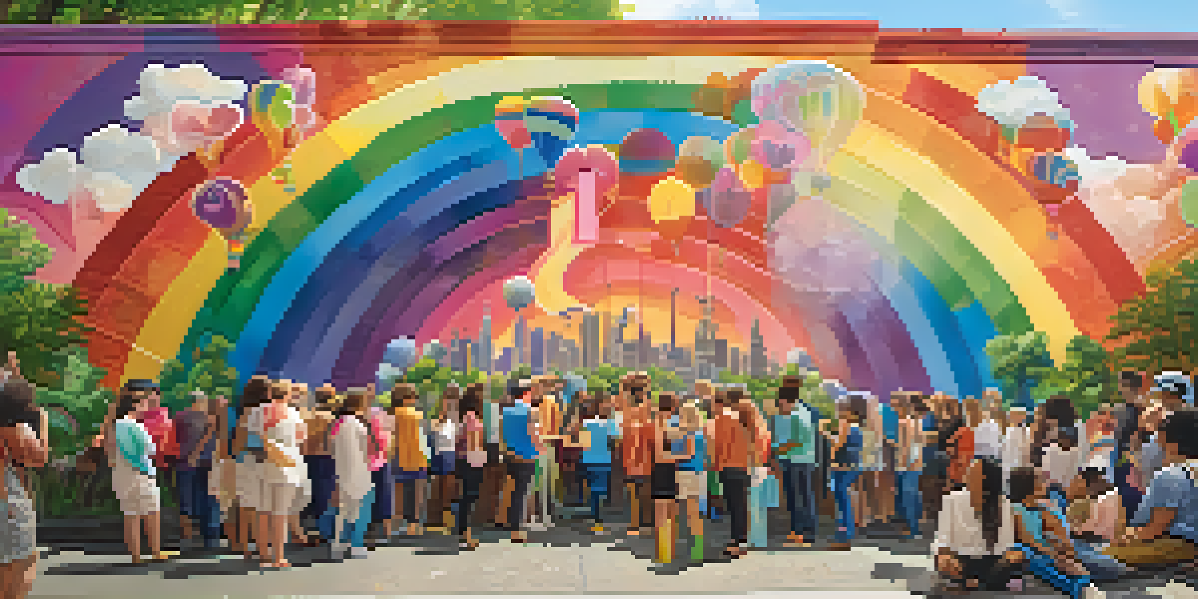 A colorful mural depicting LGBTQ+ pride, surrounded by greenery and sunlight, with diverse individuals admiring it.