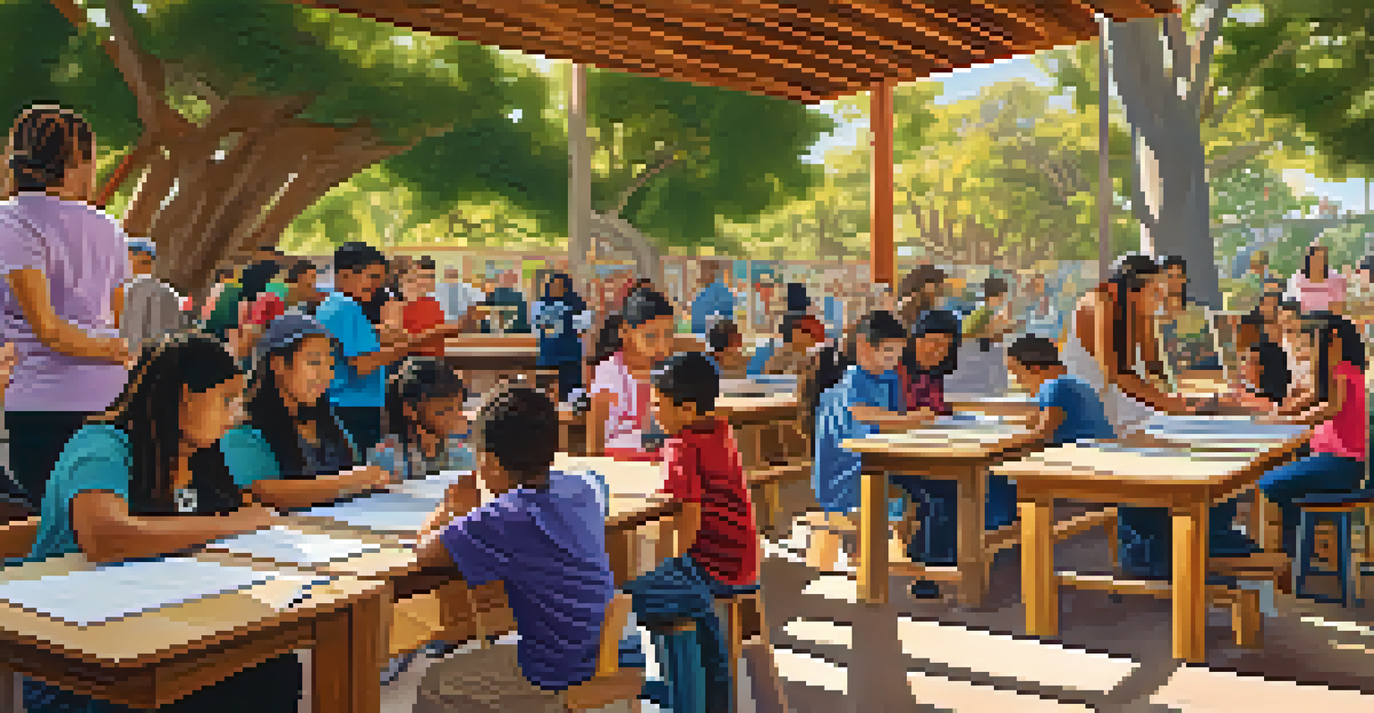 A workshop in Chicano Park where children and adults participate in arts and crafts, surrounded by colorful murals and bright natural light.