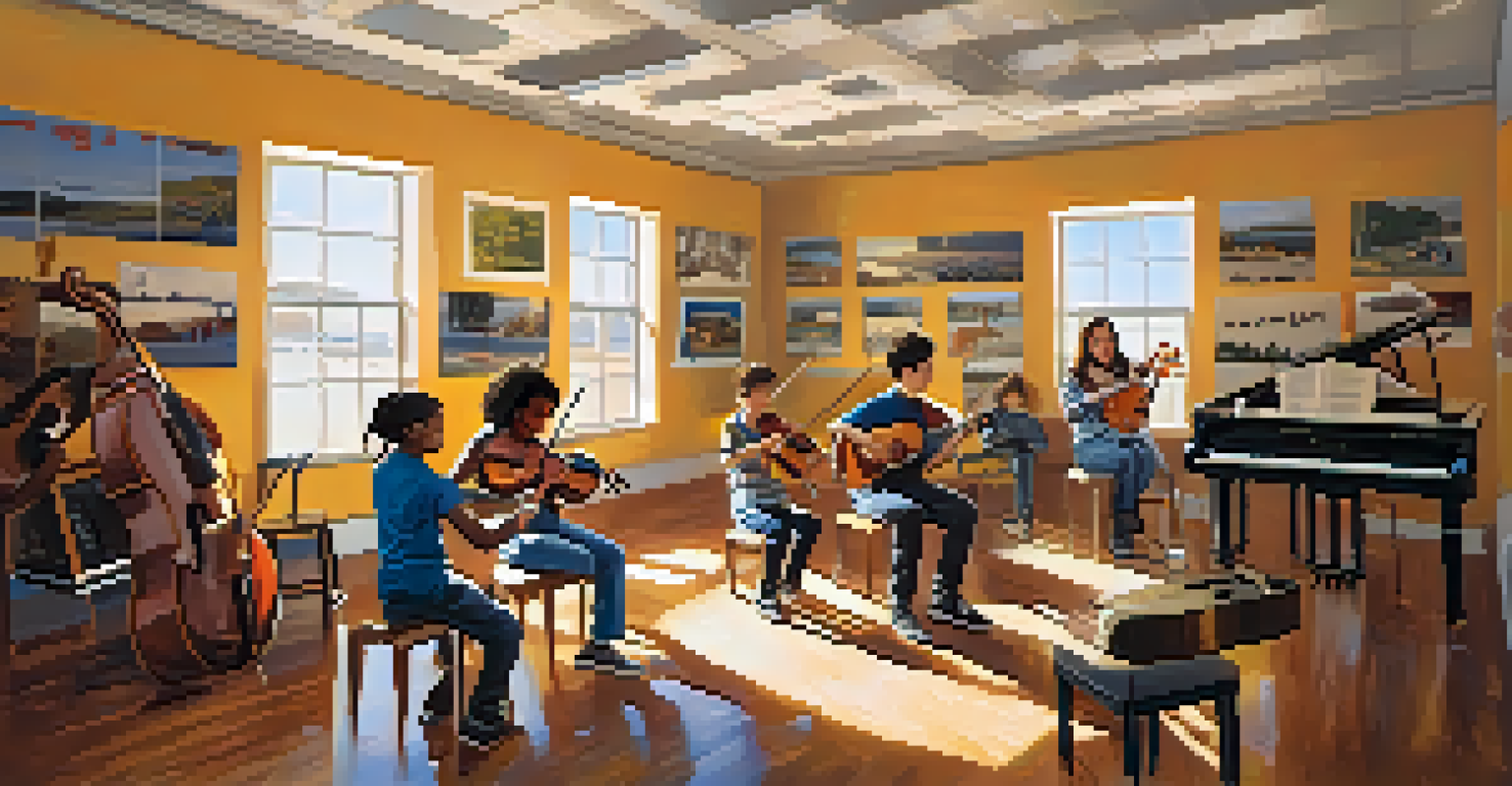 A cozy music classroom in San Diego with young students learning instruments, surrounded by musical decorations and sunlight streaming in.