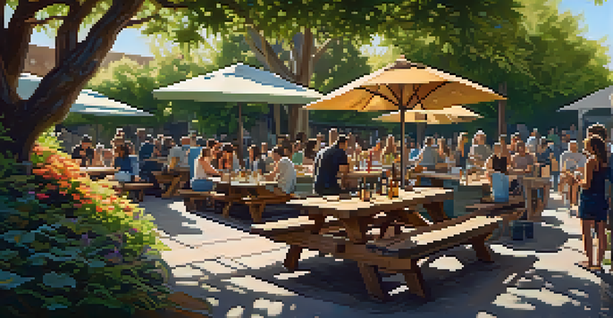 A sunny outdoor garden scene at Stone Brewing with lush plants, flowers, and a picnic table where people enjoy craft beer.