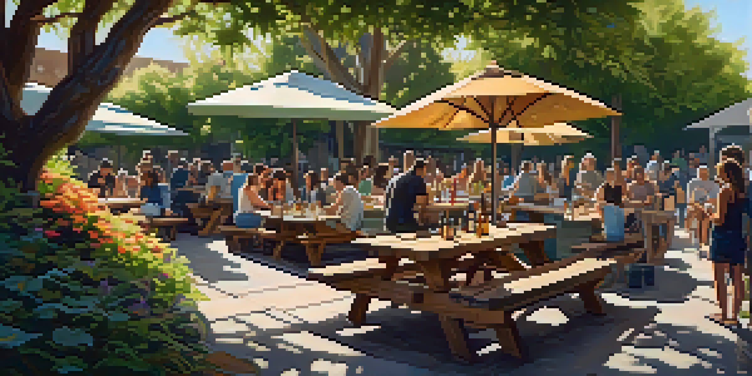 A sunny outdoor garden scene at Stone Brewing with lush plants, flowers, and a picnic table where people enjoy craft beer.