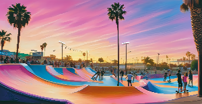 A lively skate park in San Diego at sunset, with skaters doing tricks and colorful graffiti art in the background.