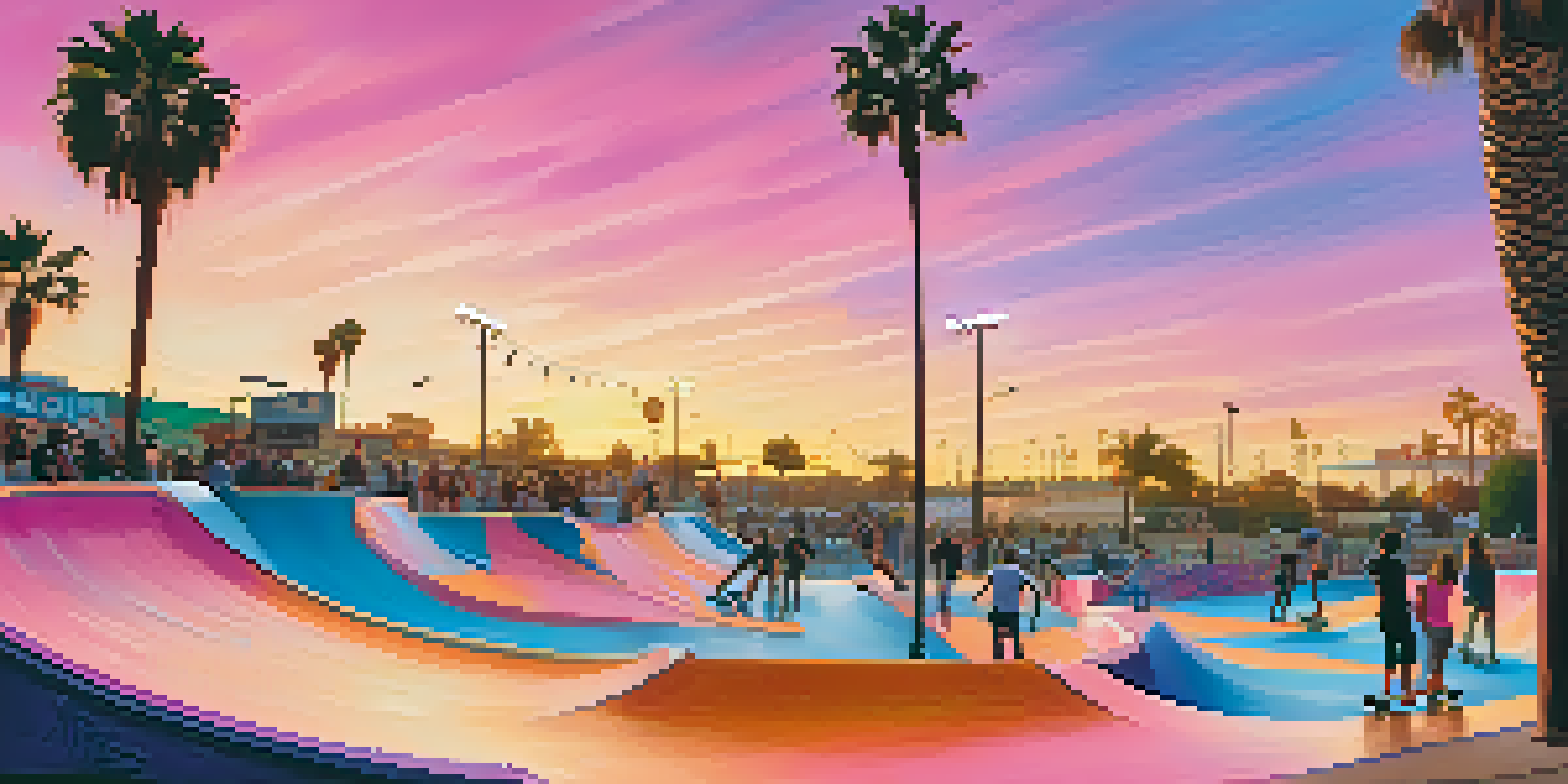 A lively skate park in San Diego at sunset, with skaters doing tricks and colorful graffiti art in the background.