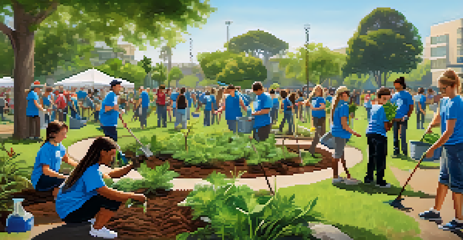 Students participating in a community engagement event, planting trees and cleaning up a park, surrounded by enthusiastic teachers and community members.