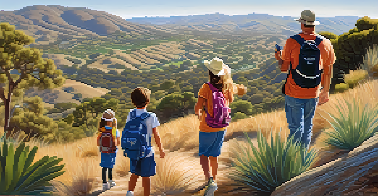 A family on a nature hike, exploring plants and animals together against a backdrop of rolling hills and a clear sky.