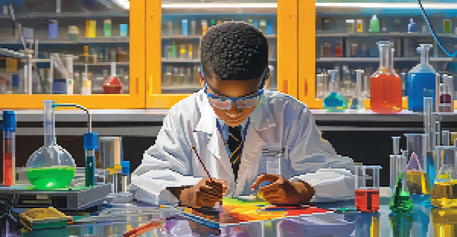 A student conducting a science experiment in a private school laboratory, showcasing various lab equipment and colorful liquids.