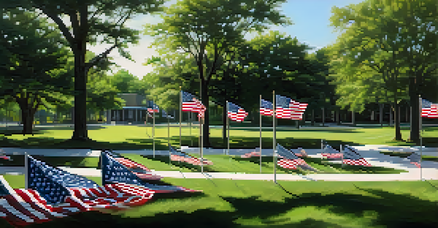 A peaceful memorial area at the Veterans Museum and Memorial Center with flags and sunlight filtering through trees.