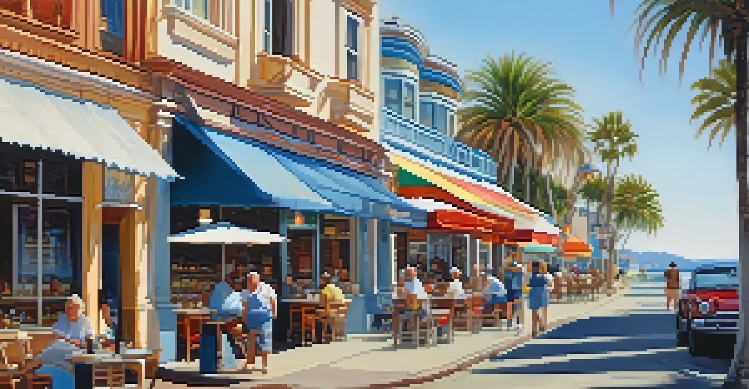 A historic coastal road with vintage shops and cafes, overlooking the ocean, filled with people and palm trees.