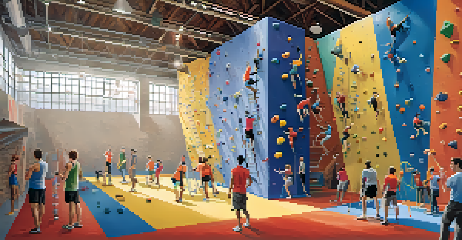A busy indoor climbing gym with climbers on colorful walls and spectators cheering.