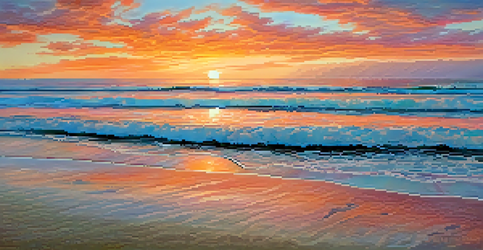 A beautiful sunrise over La Jolla Shores with vibrant colors in the sky and gentle waves on the sandy beach, early morning yoga practitioners are seen.