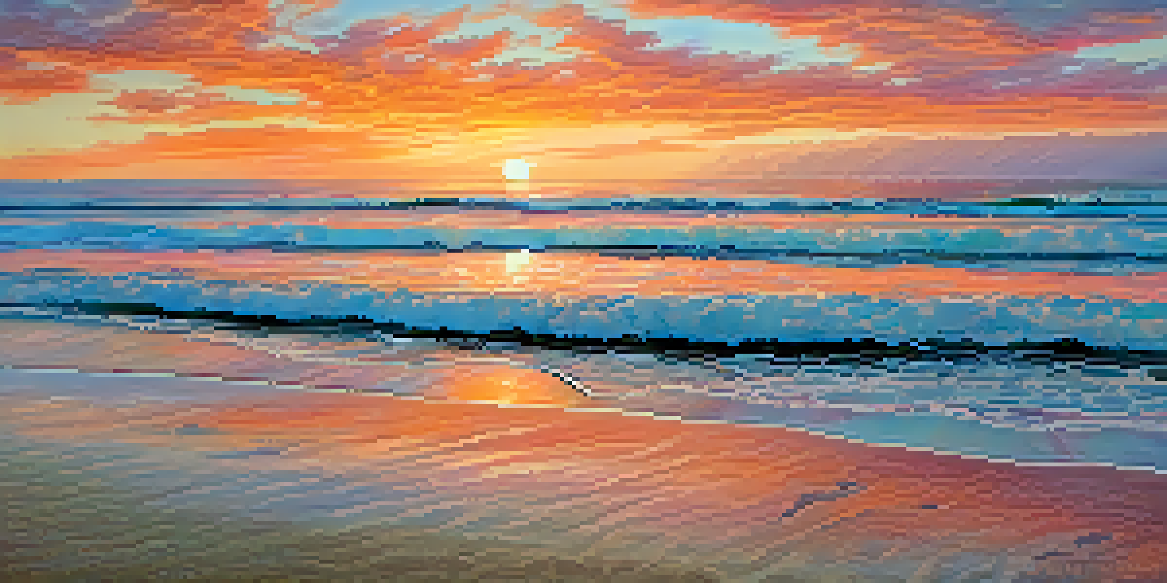 A beautiful sunrise over La Jolla Shores with vibrant colors in the sky and gentle waves on the sandy beach, early morning yoga practitioners are seen.
