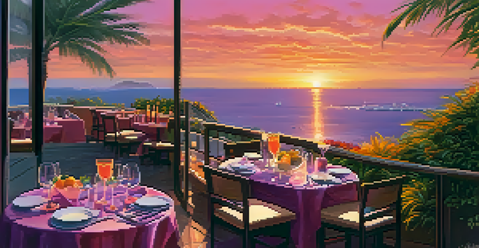 A beautiful sunset over the Pacific Ocean viewed from a restaurant terrace, with tables set for dining and a couple enjoying cocktails.