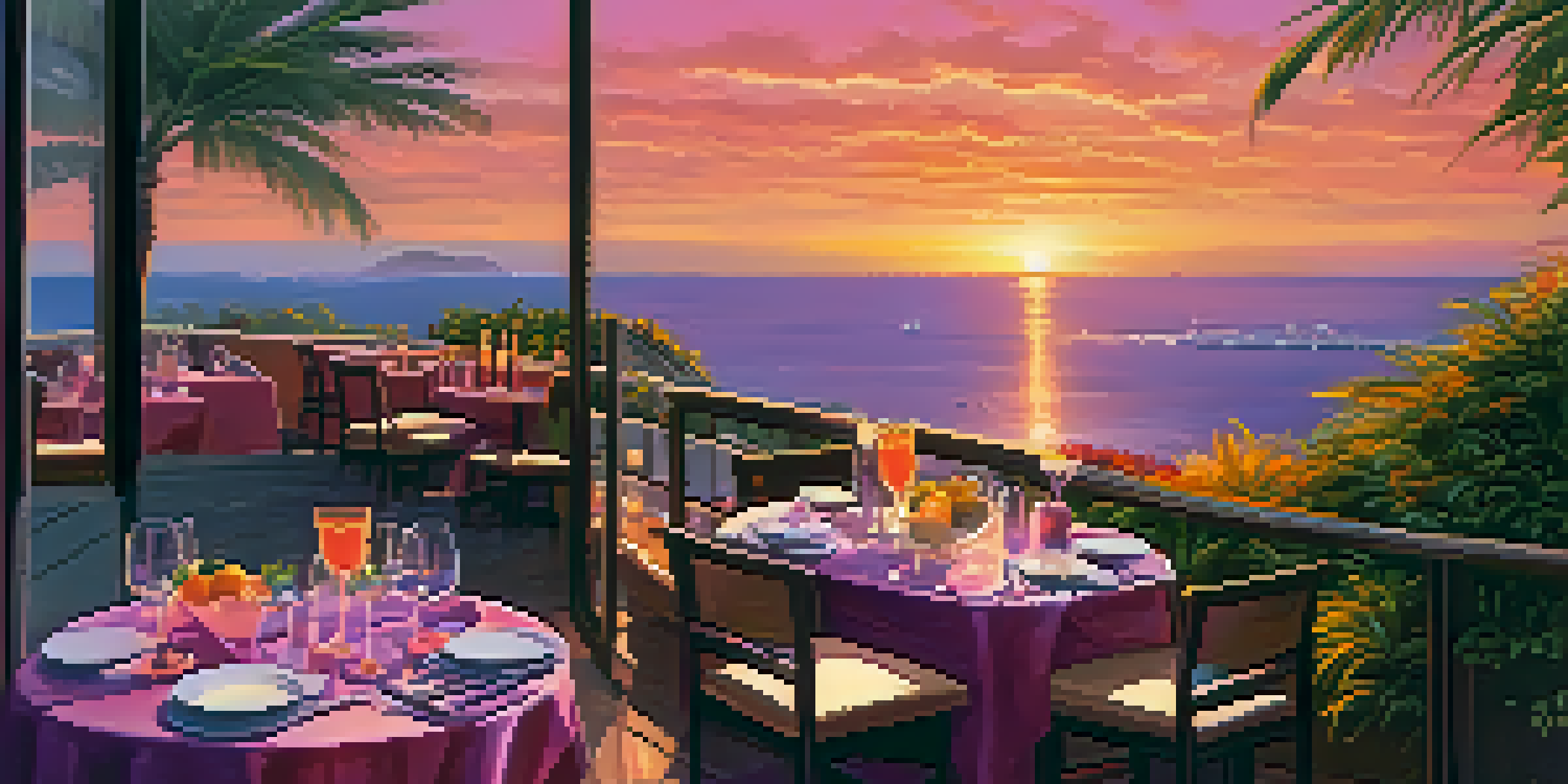 A beautiful sunset over the Pacific Ocean viewed from a restaurant terrace, with tables set for dining and a couple enjoying cocktails.