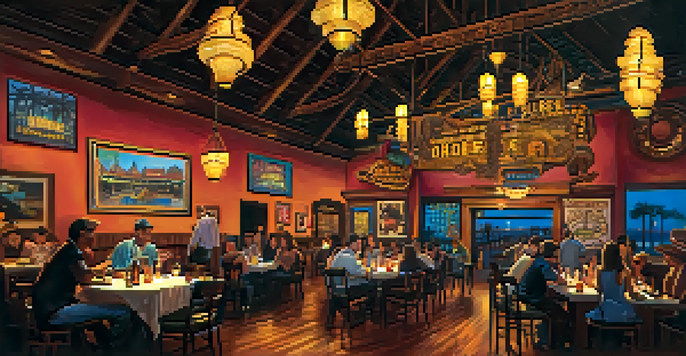 Interior view of the House of Blues in San Diego, featuring a chandelier and local artwork, with patrons enjoying food and a live band performance.