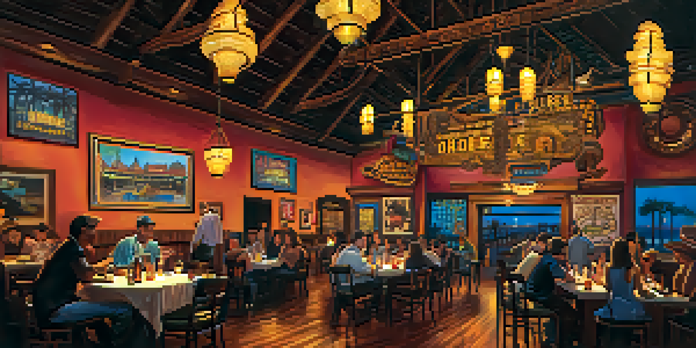Interior view of the House of Blues in San Diego, featuring a chandelier and local artwork, with patrons enjoying food and a live band performance.