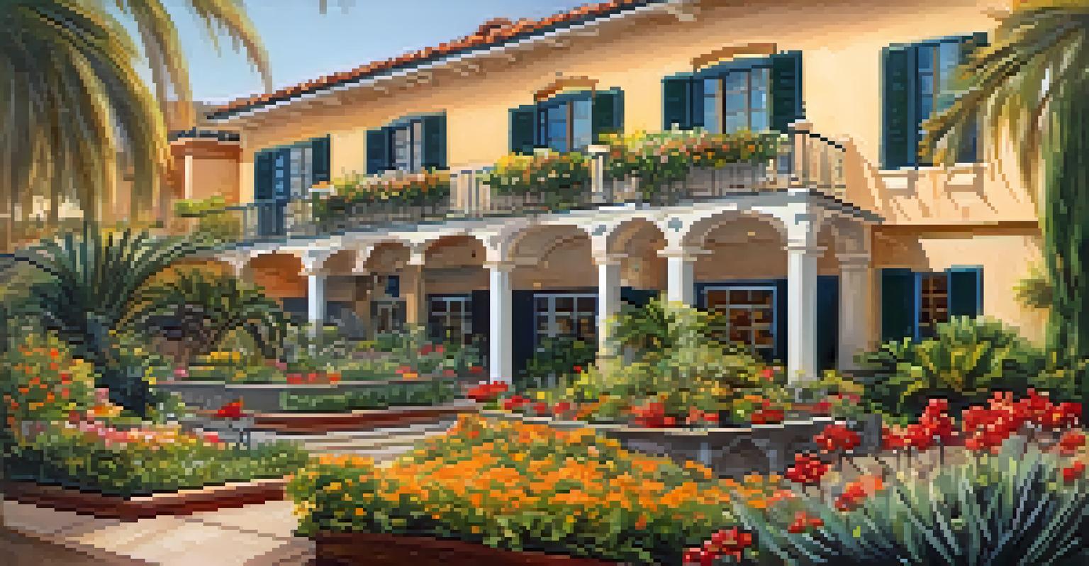 The picturesque Grande Colonial hotel in La Jolla, featuring Mediterranean architecture and beautiful gardens.