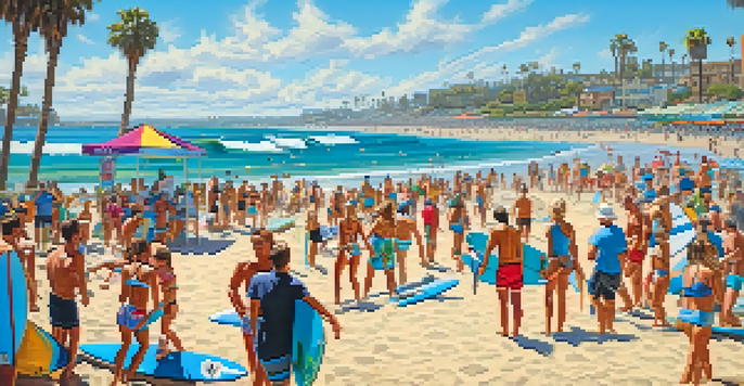 A lively beach scene at the San Diego Surf Festival with surfers on waves and spectators cheering on the shore.