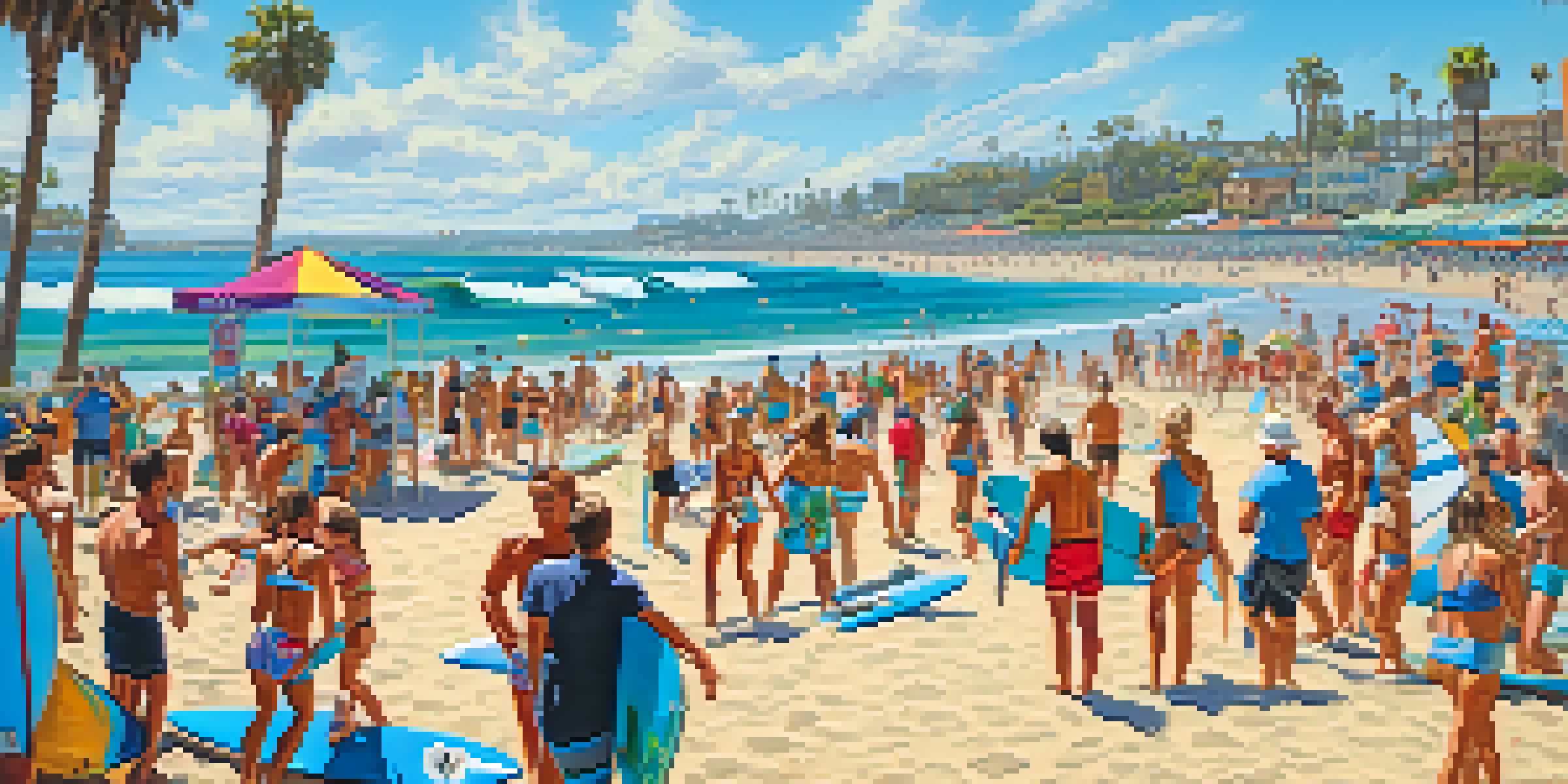 A lively beach scene at the San Diego Surf Festival with surfers on waves and spectators cheering on the shore.
