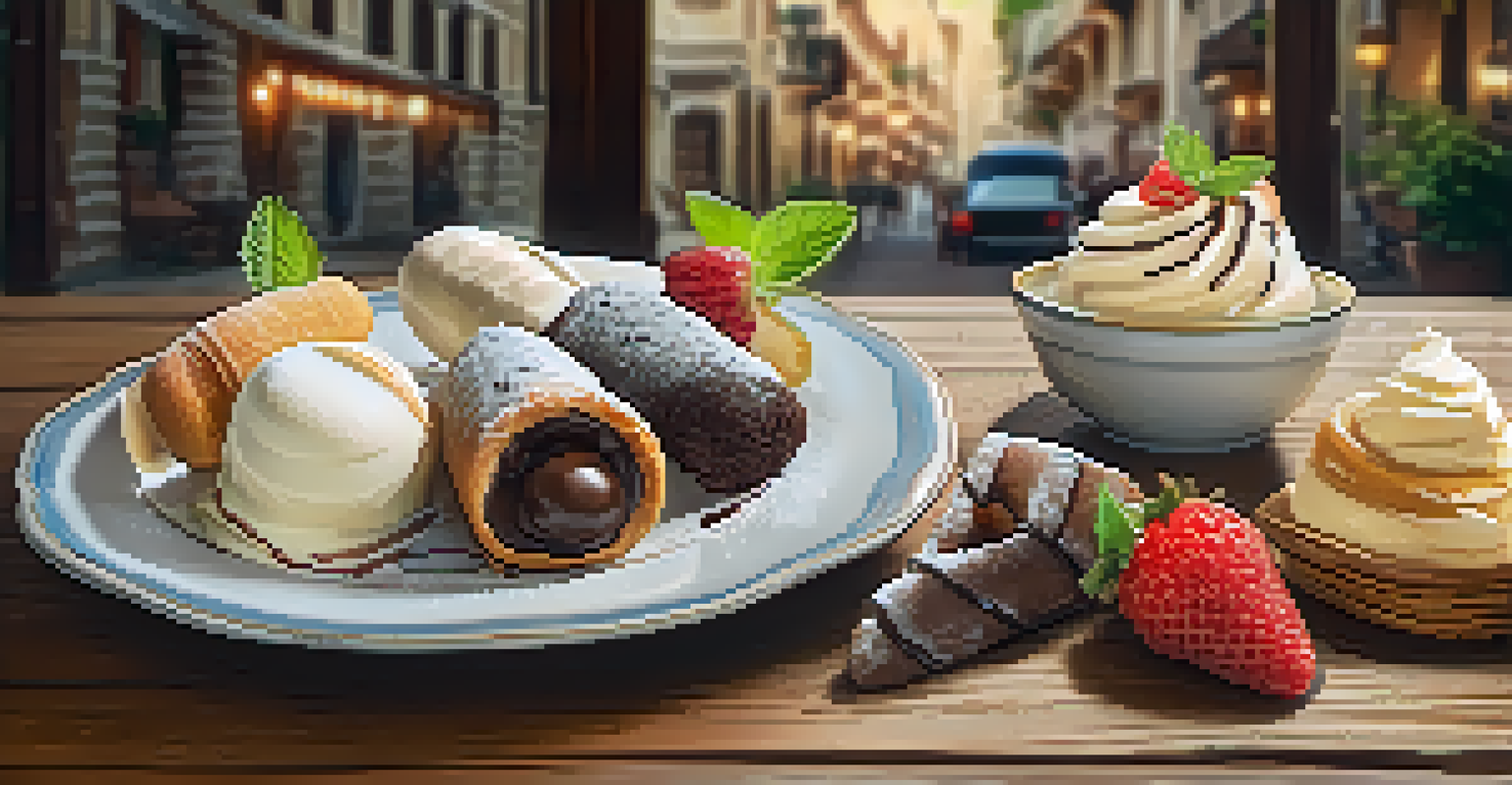 An artistic display of Italian desserts like cannoli and tiramisu on a rustic table, garnished with fresh fruits and set in a cozy café ambiance.
