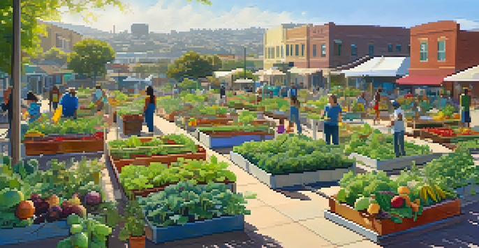 A lively community garden in San Diego with diverse individuals tending to colorful plants under bright sunlight.