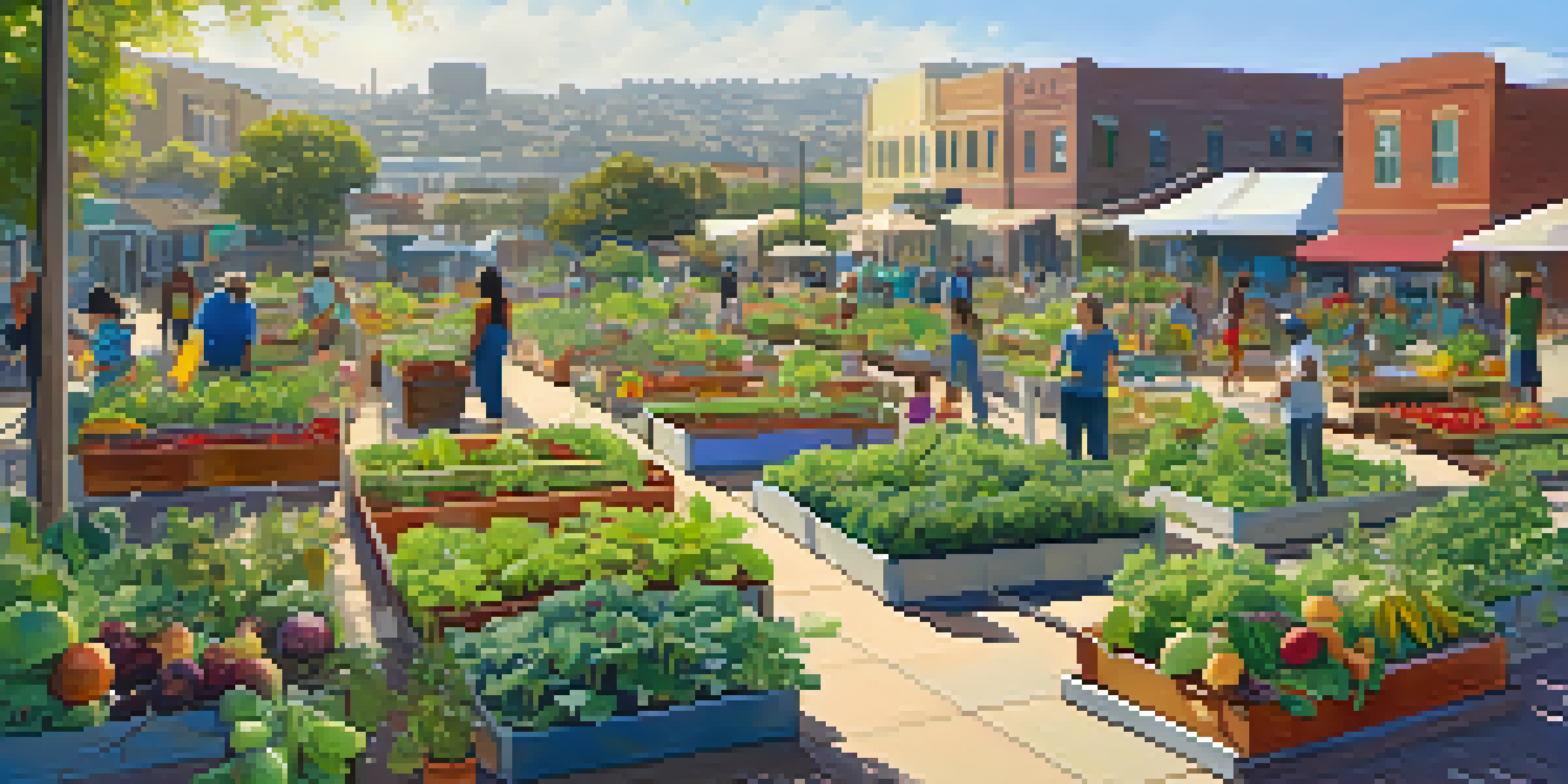A lively community garden in San Diego with diverse individuals tending to colorful plants under bright sunlight.