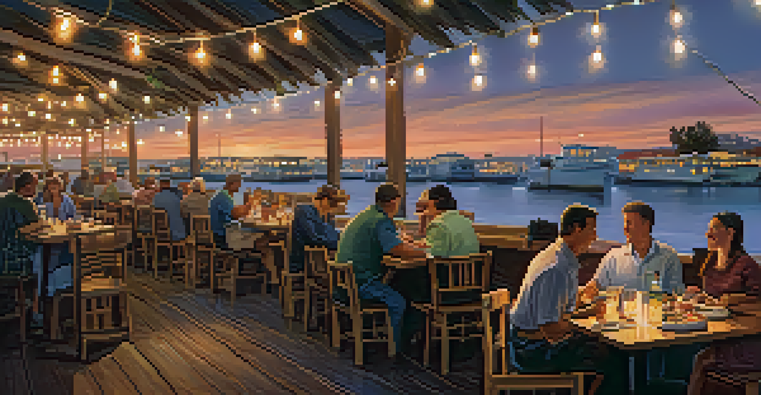 Diners enjoying seafood at an outdoor restaurant by the San Diego Bay, with boats in the background and warm sunset lighting.